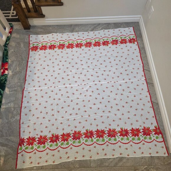 Vintage 50s Cotton Print Tablecloth Christmas poinsettia & Ribbons 63x63" Estate - Picture 4 of 7